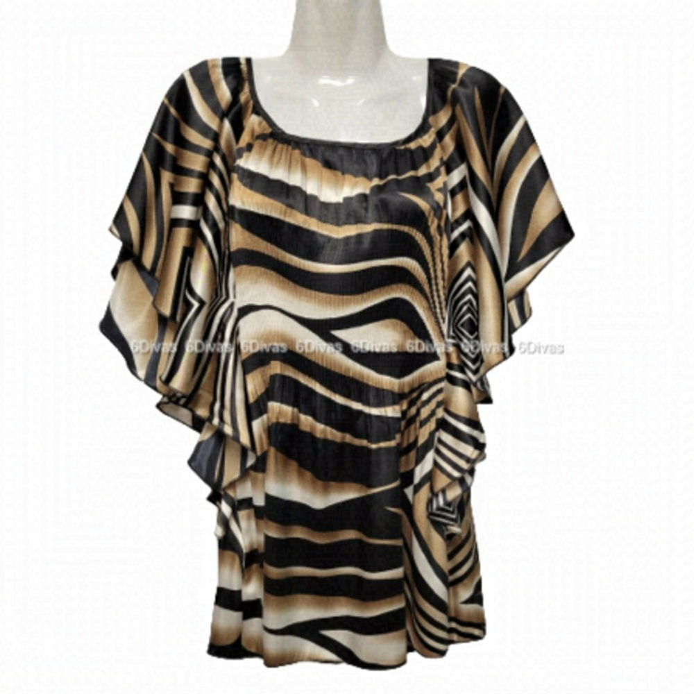 Animal Print Top, Black Gold Blouse Top with Butterfly Sleeves - Size S - NEW